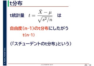 2020年度春学期　統計学
A.Asano,KansaiUniv.
/ 3323
t =
¯X − µ
s2/n
 