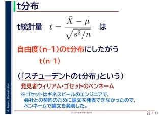 2020年度春学期　統計学
A.Asano,KansaiUniv.
/ 3323
t =
¯X − µ
s2/n
 