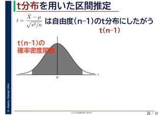 2020年度春学期　統計学
A.Asano,KansaiUniv.
/ 33
t
0
26
t =
¯X − µ
s2/n
 