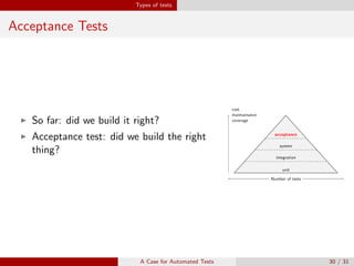 Types of tests
Acceptance Tests
So far: did we build it right?
Acceptance test: did we build the right
thing?
unit
cost
maintainance
coverage
Number of tests
integration
cost
maintainance
coverage
Number of tests
system
cost
maintainance
coverage
Number of tests
acceptance
cost
maintainance
coverage
Number of tests
A Case for Automated Tests 30 / 31
 