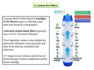2. Carbon Pre-Filters
Coconut Shell Carbon Block Cartridges
of 10 Micron removes chlorine, taste,
odor and chemical contaminants.
Activated carbon block filters typically
have a 0.5 to 10 micron filtration
This Capability, makes it also helpful for
particulate filtration, removing taste and
odor from chlorine, insoluble lead
reduction.
A 5-stage reverse osmosis system has an
third housing to hold an additional carbon
block cartridge.
19
 
