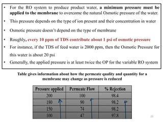 • For the RO system to produce product water, a minimum pressure must be
applied to the membrane to overcome the natural Osmotic pressure of the water.
• This pressure depends on the type of ion present and their concentration in water
• Osmotic pressure doesn’t depend on the type of membrane
• Roughly, every 10 ppm of TDS contribute about 1 psi of osmotic pressure
• For instance, if the TDS of feed water is 2000 ppm, then the Osmotic Pressure for
this water is about 20 psi
• Generally, the applied pressure is at least twice the OP for the variable RO system
Table gives information about how the permeate quality and quantity for a
membrane may change as pressure is reduced
23
 