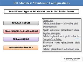 RO Modules: Membrane Configurations
Four Different Types of RO Modules Used In Desalination Process
TUBULAR MODULE
FRAME MODULE & PLATE MODULE
SPIRAL MODULE
HOLLOW FIBER MODULE
Mr. Shinde S.B. ( 2020T14M)
Cft Vnmkv Parbhani
27
 