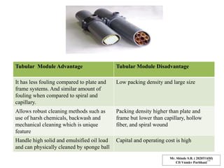 Tubular Module Advantage Tubular Module Disadvantage
It has less fouling compared to plate and
frame systems. And similar amount of
fouling when compared to spiral and
capillary.
Low packing density and large size
Allows robust cleaning methods such as
use of harsh chemicals, backwash and
mechanical cleaning which is unique
feature
Packing density higher than plate and
frame but lower than capillary, hollow
fiber, and spiral wound
Handle high solid and emulsified oil load
and can physically cleaned by sponge ball
Capital and operating cost is high
Mr. Shinde S.B. ( 2020T14M)
Cft Vnmkv Parbhani
34
 