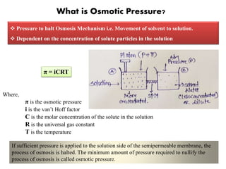 What is Osmotic Pressure?
π = iCRT
Where,
π is the osmotic pressure
i is the van’t Hoff factor
C is the molar concentration of the solute in the solution
R is the universal gas constant
T is the temperature
If sufficient pressure is applied to the solution side of the semipermeable membrane, the
process of osmosis is halted. The minimum amount of pressure required to nullify the
process of osmosis is called osmotic pressure.
 Pressure to halt Osmosis Mechanism i.e. Movement of solvent to solution.
 Dependent on the concentration of solute particles in the solution
8
 