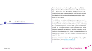 ©ucisa 2020
2
2
I n t r o d u c t i o n
The tenth ucisa Survey of Technology Enhanced Learning (TEL) for
higher education ...