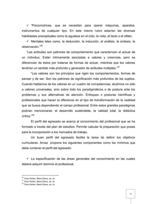 19
 “Psicomotrices, que se necesitan para operar máquinas, aparatos,
instrumentos de cualquier tipo. En este mismo rubro estarían las diversas
habilidades preceptúales como la agudeza en el oído, la vista, el tacto o el olfato.
 Mentales tales como, la deducción, la inducción, el análisis, la síntesis, la
observación.”26
“Las actitudes son patrones de comportamiento que caracterizan el actuar de
un individuo. Están íntimamente asociadas a valores y creencias, pero se
diferencian de éstos por tratarse de formas de actuar, mientras que los valores
tendrían un sentido más profundo y generador de actitudes múltiples.”27
“Los valores son los principios que rigen los comportamientos, formas de
pensar y de ser. Son los patrones de significación más profundos de los sujetos.
Cuando hablamos de los valores en un cuadro de competencias, aludimos no sólo
a valores universales, sino sobre todo los paradigmáticos o de postura ante los
problemas y sus alternativas de atención. Enfoques o posturas científicas y
profesionales que hacen la diferencia en el tipo de transformación de la realidad
que se busca dependiendo el campo profesional. Entre estos grandes paradigmas
podrían mencionarse: el desarrollo sustentable, la calidad total, la didáctica
crítica.”28
El perfil del egresado se acerca al conocimiento del profesional que se ha
formado a través del plan de estudios. Permite calcular la preparación que posee
para la incorporación a los mercados de trabajo.
Un buen perfil del egresado facilita la tarea de definir los objetivos
curriculares. Arnaz propone los siguientes componentes como los mínimos que
debe contener el perfil del egresado:
 La especificación de las áreas generales del conocimiento en las cuales
deberá adquirir dominio el profesional.
26
Chan Núñez, María Elena, op. cit.
27
Chan Núñez, María Elena, op. cit.
28
Chan Núñez, María Elena, op. cit.
 