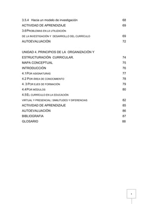 4
3.5.4 Hacia un modelo de investigación 68
ACTIVIDAD DE APRENDIZAJE 69
3.6PROBLEMAS EN LA UTILIZACIÓN
DE LA INVESTIGACIÓN Y DESARROLLO DEL CURRÍCULO 69
AUTOEVALUACIÓN 72
UNIDAD 4. PRINCIPIOS DE LA ORGANIZACIÓN Y
ESTRUCTURACIÓN CURRICULAR. 74
MAPA CONCEPTUAL 75
INTRODUCCIÓN 76
4.1POR ASIGNATURAS 77
4.2 POR ÁREA DE CONOCIMIENTO 78
4. 3 POR EJES DE FORMACIÓN 79
4.4POR MÓDULOS 80
4.5EL CURRÍCULO EN LA EDUCACIÓN
VIRTUAL Y PRESENCIAL: SIMILITUDES Y DIFERENCIAS 82
ACTIVIDAD DE APRENDIZAJE 85
AUTOEVALUACIÓN 86
BIBLIOGRAFIA 87
GLOSARIO 88
 