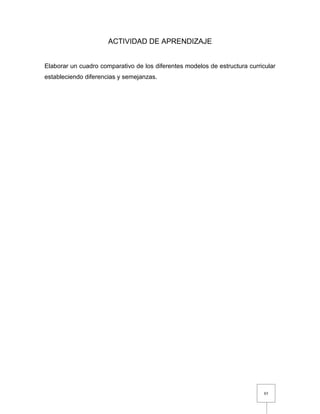 85
ACTIVIDAD DE APRENDIZAJE
Elaborar un cuadro comparativo de los diferentes modelos de estructura curricular
estableciendo diferencias y semejanzas.
 