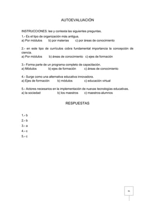 86
AUTOEVALUACIÓN
INSTRUCCIONES: lee y contesta las siguientes preguntas.
1.- Es el tipo de organización más antigua.
a) Por módulos b) por materias c) por áreas de conocimiento
2.- en este tipo de currículos cobra fundamental importancia la concepción de
ciencia.
a) Por módulos b) áreas de conocimiento c) ejes de formación
3.- Forma parte de un programa completo de capacitación.
a) Módulos b) ejes de formación c) áreas de conocimiento
4.- Surge como una alternativa educativa innovadora.
a) Ejes de formación b) módulos c) educación virtual
5.- Actores necesarios en la implementación de nuevas tecnologías educativas.
a) la sociedad b) los maestros c) maestros-alumnos
RESPUESTAS
1.- b
2.- b
3.- a
4.- c
5.- c
 