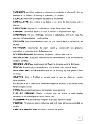 89
ENSEÑANZA: Actividad realizada conjuntamente mediante la interacción de tres
elementos: un profesor, alumnos y el objeto de conocimiento.
ESCUELA: Institución que imparte educación o enseñanza.
ESPECIALISTAS: Que cultiva o se dedica a un ramo de determinada arte o
ciencia.
ESTRUCTURA: Disposición y orden de las partes dentro de un todo.
EVALUAR: Determinar, estimar el valor, el precio o la importancia de algo.
EVALUACIÓN: Proceso dinámico, continuo y sistemático, enfocado hacia los
cambios de las conductas y rendimientos.
IDEOLOGÍA: Conjunto de ideas o creencias que intentan explicar al hombre y el
mundo.
INSTITUCIÓN: Mecanismos de orden social y cooperación que procuran
normalizar el comportamiento de las personas.
INTERDISCIPLINARIO: Entre varias disciplinas o con su colaboración.
INVESTIGACIÓN: Búsqueda intencionada de conocimientos o de soluciones de
carácter científico.
MERCADO LABORAL: Lugar donde confluyen la demanda y oferta de trabajo.
MODELO: Arquetipo digno de ser imitado que se toma como pauta a seguir.
NECESIDAD EDUCATIVA: Hace hincapié en los apoyos y ayudas que el alumno
necesita.
OBJETIVO: Meta o finalidad a cumplir para la que se disponen medios
determinados.
PEDAGOGIA: Es la ciencia que tiene como objeto de estudio a la educación como
fenómeno psicosocial.
PERFIL: Rasgos particulares que caracterizan a una persona.
PLAN DE ESTUDIOS: Diseño curricular que se aplica a determinadas
enseñanzas impartidas por un centro de estudios.
POLISEMANTICO: Que aborda una gran diversidad de dimensiones.
POLITICO: Persona que ejerce influencia sobre el modo como una sociedad es
regida.
PRÁCTICA PROFESIONAL: Actividad formativa del alumno.
 