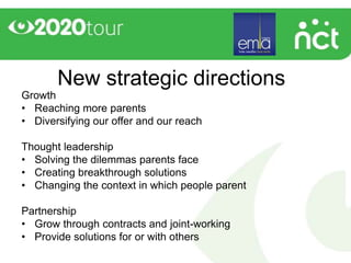 New strategic directions
Growth
• Reaching more parents
• Diversifying our offer and our reach

Thought leadership
• Solving the dilemmas parents face
• Creating breakthrough solutions
• Changing the context in which people parent

Partnership
• Grow through contracts and joint-working
• Provide solutions for or with others
 