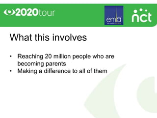 What this involves
• Reaching 20 million people who are
  becoming parents
• Making a difference to all of them
 