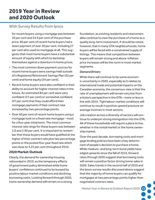 Market Year in Review  Outlook Report 2020	13	
	 for recent buyers using a mortgage was between
	 20 per cent and 24.9 per cent of the purchase
	 price. 86 per cent of recent home buyers had a
	 down payment of over 20 per cent, including 27
	 per cent who used no mortgage at all. This sug-
	 gests that most home buyers have a substantial
	 amount of equity with which to backstop
	 themselves against a downturn in home prices.
•	 The most common down payment sources for
	 recent home buyers were savings held outside
	 of a Registered Retirement Savings Plan (32 per
	 cent) and home equity (24 per cent).
•	 Recent home buyers were also confident in their
	 ability to account for higher interest rates in the
	 future. An estimated 84 per cent were very
	 confident (37 per cent) or somewhat confident
	 (47 per cent) that they could afford their
	 mortgage payments if their contract rate
	 increased by two percentage points.
•	 Over 60 per cent of recent home buyers using a
	 mortgage took on a fixed rate mortgage – most
	 for a five-year initial term. The most common
	 interest rate range for these buyers was between
	 2.0 and 2.99 per cent. It is important to remem-
	 ber that these buyers would have qualified at the
	 higher of their contract rate plus two percentage
	 points or the posted five-year fixed rate which
	 was close to 5.25 per cent throughout 2019.
2020 Market Outlook
Clearly, the demand for ownership housing
rebounded in 2019, as the temporary effects
of government policy diminished while home
buyers’ confidence continued to be buoyed by
positive labour market conditions and declining
borrowing costs. Looking forward through 2020,
home ownership demand will remain on a strong
foundation, as existing residents and newcomers
alike continue to view the purchase of a home as a
quality long-term investment. It should be noted,
however, that in many GTA neighbourhoods, home
buyers will be faced with a constrained supply of
listings. This means that competition between
buyers will remain strong and above-inflation
price increases will be the norm in most market
segments.
Demand Drivers
While there will continue to be some econom-
ic uncertainty in 2020, especially as it relates to
international trade and potential impacts on the
Canadian economy, the consensus view is that the
rate of unemployment will remain very low from
a historic perspective in the GTA – more or less in
line with 2019. Tight labour market conditions will
continue to result in positive upward pressure on
average incomes in most sectors.
Job creation across a diversity of sectors will con-
tinue to underpin strong immigration into the GTA.
All of these households will require a place to live,
whether in the rental market or the home owner-
ship market.
Over the past decade, borrowing costs and mort-
gage lending policies have been a key determi-
nant of people’s decision to purchase a home.
While medium- and long-term bond yields have
edged upwards since the fall of 2019, forward
rates through 2020 suggest that borrowing costs
will remain a positive factor driving home sales in
2020. Sales trends in the second half of 2019 and
the Ipsos survey results discussed above suggest
that the majority of home buyers can qualify for
mortgages at two percentage points higher than
negotiated contract rates.
2019 Year in Review
and 2020 Outlook
With Survey Results from Ipsos
 