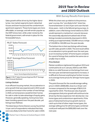 Sales growth will be driven by the higher densi-
ty low-rise market segments (semi-detached
houses and town houses) and the condominium
apartment segment. These home types are more
affordable, on average, and will remain popular as
the OSFI stress test, while under review by the
federal government, will remain in place for the
foreseeable future.
Listings Outlook
In an efficient housing market, the acceleration in
price growth that was experienced in 2019 would
prompt an increase in the number of new listings
in 2020, as homeowners would list their homes
for sale in order to take advantage of equity gains.
However, generally speaking, home prices have
been trending upward over the past decade, yet
listings have flatlined.
The latest Ipsos Home Owners survey found that
14 per cent of respondents indicated that they
were very likely to list their home for sale in 2020.
While this share was up relative to the previous
year’s survey, the “very likely to list” share has
hovered between 12 and 14 per cent over the last
three years – both in the fall and spring surveys. In
addition, even a flat listings trend relative to 2019
would represent a marked turn-around, because
the seasonally adjusted annualized rate of new
listings trended consistently downward in 2019,
ending up at approximately 130,000 versus a range
of 150,000 to 160,000 over the past decade.
The bottom line is that new listings will not keep
up with sales growth in 2020. The end result will be
an acceleration in price growth over the next year,
as an increasing number of home buyers compete
for a pool of listings that could be the same size or
smaller than in 2019.
Price Outlook
Market conditions tightened throughout 2019 and
continued to do so in January 2020 as well. With
little to no relief forecast on the listings front over
the next year and demand expected to increase, it
is difficult to forecast anything but further increas-
es to average home prices for all major home types
in 2020.
The point forecast for the overall average selling
price in 2020 is $900,000, close to a 10 per cent
increase compared to the average of $819,319
reported for 2019. This forecast rate of growth
presupposes that price growth will continue to be
driven by the less expensive mid-density low-rise
home types and condominium apartments. If the
pace of detached home price growth starts to
catch up to that of other major home types, the
average selling price for all home types combined
could push well past the $900,000 mark over the
next year.
	16	 Market Year in Review  Outlook Report 2020
2019 Year in Review
and 2020 Outlook
With Survey Results from Ipsos
MLS®
Sales Forecast
MLS®
Average Price Forecast
Source: Toronto Regional Real Estate Board
‘03
‘04
‘05
‘06
‘07
‘08
‘09
‘10
‘11
‘12
‘13
‘14
‘15
‘16
‘17
‘18
‘19
‘20(F)
60,000
80,000
100,000
120,000
‘03
‘04
‘05
‘06
‘07
‘08
‘09
‘10
‘11
‘12
‘13
‘14
‘15
‘16
‘17
‘18
‘19
‘20(F)
$200,000
$400,000
$600,000
$800,000
$1,000,000
Figure 7. MLS®
Sales Forecast (top) and MLS®
Average
Price Forecast (bottom)
 