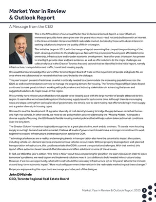 Market Year in Review  Outlook Report 2020	5	
Market Year in Review
 Outlook Report
A Message from the CEO
This is the fifth edition of our annual Market Year in Review  Outlook Report, a report that I am
immensely proud to have seen grow over the years into a must-read, not only by those with an interest
in the Greater Golden Horseshoe (GGH) real estate market, but also by those with a keen interest in
seeking solutions to improve the quality of life in this region.
This initiative began in 2015, with the inaugural report examining the competitive positioning of the
GGH, drawing attention to the challenges we face with the provision of housing and affordable home
ownership, infrastructure and broader economic development. Year after year, this report has proven
to shed light, provide clear and hard evidence, as well as offer solutions to the major challenges we
collectively face in the Greater Toronto Area and beyond that we identified in the initial report, namely
infrastructure, transportation and traffic, transit and housing supply.
We would like to acknowledge the work of the Toronto Region Board of Trade on the movement of people and goods file, an
area where we collaborated on research that has contributed to the dialogue.
This year’s report presents fresh ideas on what is critically needed to accommodate the increasing population across the
GGH, as well recommendations on how to manage the ongoing demand for housing. The Toronto Regional Real Estate Board
continues to make great strides in working with policymakers and industry stakeholders in advancing the issues and
suggested solutions to major issues in the region.
We currently have infrastructure that does not appear to be keeping pace with the large number of people attracted to this
region. It seems like we’ve been talking about the housing supply issue for quite some time. Although there is encouraging
news and steps coming from various levels of government, the time is now to start making real efforts to bring in more supply
and a greater diversity in housing types.
We need to see the development of a greater diversity of mid-density housing to bridge the gap between detached homes
and high-rise condos. In other words, we need to see policymakers actively addressing the “Missing Middle.” Alongside a
diverse supply of housing, the GGH needs flexible housing market policies that will help sustain balanced market conditions
over the long term.
The Greater Golden Horseshoe is globally recognized as a great place to live, work and do business. To create more housing
supply in our high demand real estate market, I believe all levels of government should make a stronger commitment to work
together to expand infrastructure and transportation across the GGH.
Technological advances are a reality, and emerging trends in transportation also have the potential to impact the system,
including vehicle-on-demand services and autonomous vehicles on our roads. Without properly leveraged and well-planned
transportation infrastructure, this could exacerbate the GGH’s current transportation challenges. With that in mind, this
report offers evidence-based research that discusses and offers solutions to some of these issues.
In fact, we titled this year’s edition “The Time is Now” to put focus on planning for growth in the GGH, because in order to solve
tomorrow’s problems, we need to plan and implement solutions now. It costs billions to build needed infrastructure today.
However, if we miss an opportunity, what will it cost to build the necessary infrastructure in 5 or 10 years? What is the immedi-
ate and long-term economic impact? How much will government intervention in the real estate market impact these changes?
I hope you enjoy reading this report and encourage you to be part of the dialogue.
John DiMichele
CEO, Toronto Regional Real Estate Board
 