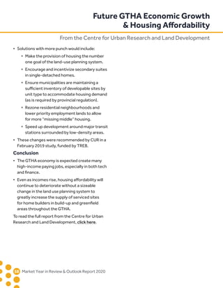 58	 Market Year in Review  Outlook Report 2020
•	 Solutions with more punch would include:
		
˚	 Make the provision of housing the number
			 one goal of the land-use planning system.
	 	 ˚	 Encourage and incentivize secondary suites
			in single-detached homes.
	 	 ˚	 Ensure municipalities are maintaining a
	 	 	 sufficient inventory of developable sites by
			 unit type to accommodate housing demand
			 (as is required by provincial regulation).
	 	 ˚	 Rezone residential neighbourhoods and
			 lower priority employment lands to allow
			 for more “missing middle” housing.
	 	 ˚	 Speed up development around major transit
			 stations surrounded by low-density areas.
•	 These changes were recommended by CUR in a
	 February 2019 study, funded by TREB.
Conclusion
•	 The GTHA economy is expected create many
	 high-income paying jobs, especially in both tech
	 and finance.
•	 Even as incomes rise, housing affordability will
	 continue to deteriorate without a sizeable
	 change in the land use planning system to
	 greatly increase the supply of serviced sites
	 for home builders in build-up and greenfield
	 areas throughout the GTHA.
To read the full report from the Centre for Urban
Research and Land Development, click here.
Future GTHA Economic Growth
 Housing Affordability
From the Centre for Urban Research and Land Development
 