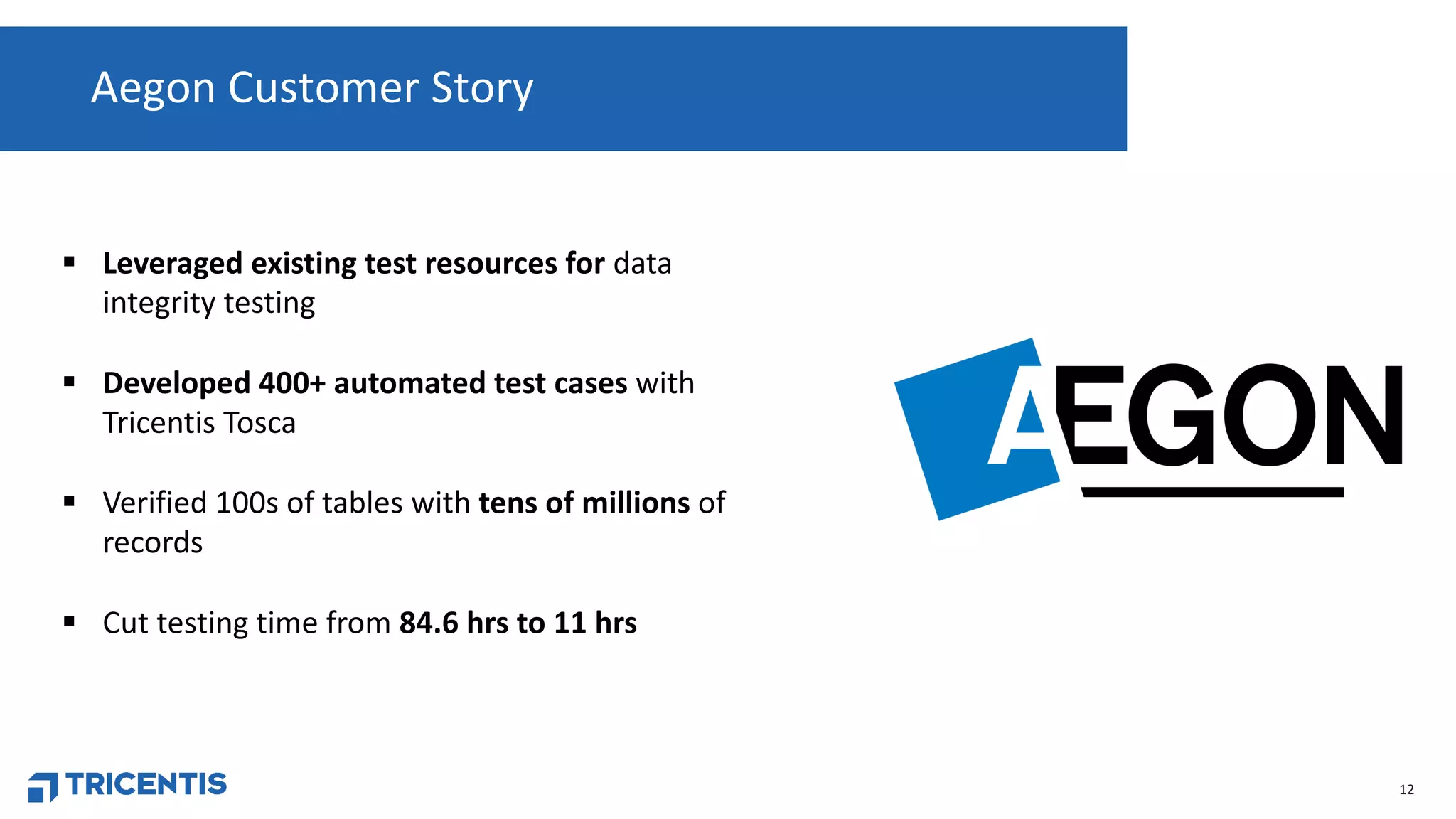 12
Aegon Customer Story
§ Leveraged existing test resources for data
integrity testing
§ Developed 400+ automated test cases with
Tricentis Tosca
§ Verified 100s of tables with tens of millions of
records
§ Cut testing time from 84.6 hrs to 11 hrs
 