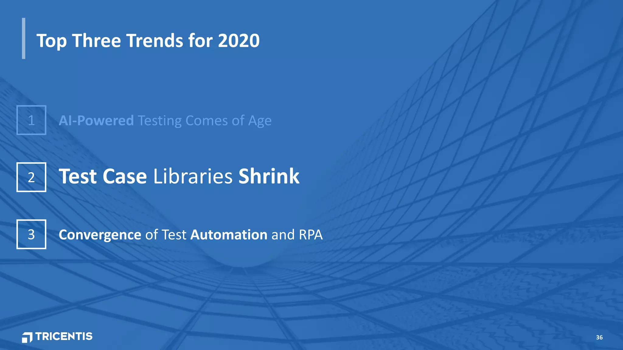 36
Top Three Trends for 2020
3 Convergence of Test Automation and RPA
2 Test Case Libraries Shrink
1 AI-Powered Testing Comes of Age
 