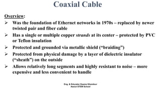 Coaxial Cable
Overview:
 Was the foundation of Ethernet networks in 1970s – replaced by newer
twisted pair and fiber cable
 Has a single or multiple copper strands at its center – protected by PVC
or Teflon insulation
 Protected and grounded via metallic shield (“braiding”)
 Protected from physical damage by a layer of dielectric insulator
(“sheath”) on the outside
 Allows relatively long segments and highly resistant to noise – more
expensive and less convenient to handle
Eng. & Educator Osama Ghandour
Assiut STEM School
 