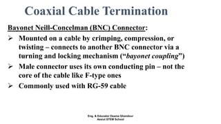 Coaxial Cable Termination
Bayonet Neill-Concelman (BNC) Connector:
 Mounted on a cable by crimping, compression, or
twisting – connects to another BNC connector via a
turning and locking mechanism (“bayonet coupling”)
 Male connector uses its own conducting pin – not the
core of the cable like F-type ones
 Commonly used with RG-59 cable
Eng. & Educator Osama Ghandour
Assiut STEM School
 
