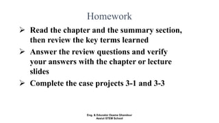 Homework
 Read the chapter and the summary section,
then review the key terms learned
 Answer the review questions and verify
your answers with the chapter or lecture
slides
 Complete the case projects 3-1 and 3-3
Eng. & Educator Osama Ghandour
Assiut STEM School
 