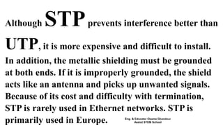 Although STPprevents interference better than
UTP, it is more expensive and difficult to install.
In addition, the metallic shielding must be grounded
at both ends. If it is improperly grounded, the shield
acts like an antenna and picks up unwanted signals.
Because of its cost and difficulty with termination,
STP is rarely used in Ethernet networks. STP is
primarily used in Europe. Eng. & Educator Osama Ghandour
Assiut STEM School
 