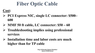 Fiber Optic Cable
Cost:
 PCI Express NIC, single LC connector: $500–
600
 MMF 50 ft cable, LC connecter: $50 – 60
 Troubleshooting implies using professional
services
 Installation time and labor costs are much
higher than for TP cable
Eng. & Educator Osama Ghandour
Assiut STEM School
 