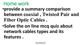 Home work
•provide a summary comparison
between coaxial , Twisted Pair and
Fiber Optic Cables .
•Solve the on line mcq quiz about
network cables types and its
features .
Osama Ghandour Geris
Assiut STEM School
98
 