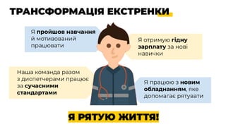 ТРАНСФОРМАЦІЯ ЕКСТРЕНКИ
Я пройшов навчання
й мотивований
працювати
Я отримую гідну
зарплату за нові
навички
Я працюю з новим
обладнанням, яке
допомагає рятувати
Наша команда разом
з диспетчерами працює
за сучасними
стандартами
Я РЯТУЮ ЖИТТЯ!
 