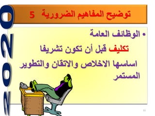 11
•‫العامة‬ ‫الوظائف‬
‫تكليف‬‫تشريفا‬ ‫تكون‬ ‫أن‬ ‫قبل‬
‫والتطوير‬ ‫واالتقان‬ ‫االخالص‬ ‫اساسها‬
‫المستمر‬
‫الضرورية‬ ‫المفاهيم‬ ‫توضيح‬5
 