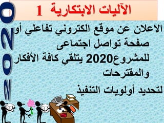 13
‫االبتكارية‬ ‫اآلليات‬1
‫أو‬ ‫تفاعلي‬ ‫الكتروني‬ ‫موقع‬ ‫عن‬ ‫االعالن‬
‫اجتماعى‬ ‫تواصل‬ ‫صفحة‬
‫للمشروع‬2020‫األفكار‬ ‫كافة‬ ‫يتلقي‬
‫والمقترحات‬
‫التنفيذ‬ ‫أولويات‬ ‫لتحديد‬
 
