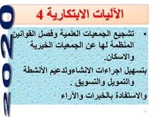 17
‫االبتكارية‬ ‫اآلليات‬4
•‫الق‬ ‫وفصل‬ ‫العلمية‬ ‫الجمعيات‬ ‫تشجيع‬‫وانين‬
‫الخيرية‬ ‫الجمعيات‬ ‫عن‬ ‫لها‬ ‫المنظمة‬
‫واالسكان‬.
‫األنشطة‬ ‫االنشاءوتدعيم‬ ‫اجراءات‬ ‫بتسهيل‬
‫والتسويق‬ ‫والتمويل‬.
‫واآلراء‬ ‫بالخبرات‬ ‫واالستفادة‬
 