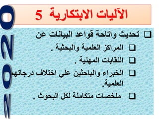 18
‫عن‬ ‫البيانات‬ ‫قواعد‬ ‫واتاحة‬ ‫تحديث‬
‫والبحثية‬ ‫العلمية‬ ‫المراكز‬.
‫المهنية‬ ‫النقابات‬.
‫درجاتهم‬ ‫اختالف‬ ‫علي‬ ‫والباحثين‬ ‫الخبراء‬
‫العلمية‬.
‫البحوث‬ ‫لكل‬ ‫متكاملة‬ ‫ملخصات‬.
‫االبتكارية‬ ‫اآلليات‬5
 