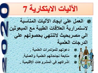 20
‫االبتكارية‬ ‫اآلليات‬7
‫المناسبة‬ ‫اآلليات‬ ‫ايجاد‬ ‫علي‬ ‫العمل‬
‫المبعوث‬ ‫مع‬ ‫الطيبة‬ ‫العالقات‬ ‫الستمرارية‬‫ين‬
‫علي‬ ‫بحصولهم‬ ‫التنتهي‬ ‫مصربحيث‬ ‫الي‬
‫العلمية‬ ‫الدرجات‬
‫العلمية‬ ‫للمؤتمرات‬ ‫دعوتهم‬.
‫والعملية‬ ‫العلمية‬ ‫نجاحاتهم‬ ‫متابعة‬.
‫اإلقليمية‬ ‫المشروعات‬ ‫في‬ ‫اشراكهم‬.
 