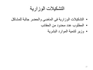 ‫الوزارية‬ ‫التشكيالت‬
•‫للمش‬ ‫جالبة‬ ‫والحضر‬ ‫الماضى‬ ‫فى‬ ‫الوزارية‬ ‫التشكيالت‬‫اكل‬
•‫الحقائب‬ ‫من‬ ‫محدود‬ ‫عدد‬ ‫المطلوب‬
•‫البشرية‬ ‫الموارد‬ ‫لتنمية‬ ‫وزير‬
27
 