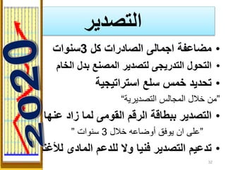 ‫التصدير‬
•‫كل‬ ‫الصادرات‬ ‫اجمالى‬ ‫مضاعفة‬3‫سنوات‬
•‫الخام‬ ‫بدل‬ ‫المصنع‬ ‫لتصدير‬ ‫التدريجى‬ ‫التحول‬
•‫استراتيجية‬ ‫سلع‬ ‫خمس‬ ‫تحديد‬
”‫التصديرية‬ ‫المجالس‬ ‫خالل‬ ‫من‬“
•‫عنها‬ ‫زاد‬ ‫لما‬ ‫القومى‬ ‫الرقم‬ ‫ببطاقة‬ ‫التصدير‬
”‫خالل‬ ‫أوضاعه‬ ‫يوفق‬ ‫ان‬ ‫على‬3‫سنوات‬”
•‫لألغ‬ ‫المادى‬ ‫للدعم‬ ‫وال‬ ‫فنيا‬ ‫التصدير‬ ‫تدعيم‬‫نياء‬
32
 