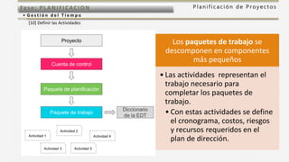 P l a n i f i c a c i ó n d e P r o y e c t o sFas e: PL ANI F I CACI ON
• G e s t i ó n d e l T i e m p o
[10] Definir las Actividades
Los paquetes de trabajo se
descomponen en componentes
más pequeños
• Las actividades representan el
trabajo necesario para
completar los paquetes de
trabajo.
• Con estas actividades se define
el cronograma, costos, riesgos
y recursos requeridos en el
plan de dirección.
 