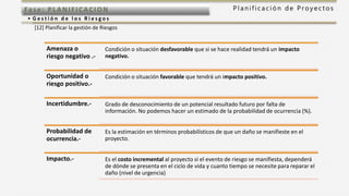P l a n i f i c a c i ó n d e P r o y e c t o sFas e: PL ANI F I CACI ON
• G e s t i ó n d e l o s R i e s g o s
[12] Planificar la gestión de Riesgos
Amenaza o
riesgo negativo .-
Condición o situación desfavorable que si se hace realidad tendrá un impacto
negativo.
Oportunidad o
riesgo positivo.-
Condición o situación favorable que tendrá un impacto positivo.
Incertidumbre.- Grado de desconocimiento de un potencial resultado futuro por falta de
información. No podemos hacer un estimado de la probabilidad de ocurrencia (%).
Probabilidad de
ocurrencia.-
Es la estimación en términos probabilísticos de que un daño se manifieste en el
proyecto.
Impacto.- Es el costo incremental al proyecto si el evento de riesgo se manifiesta, dependerá
de dónde se presenta en el ciclo de vida y cuanto tiempo se necesite para reparar el
daño (nivel de urgencia)
 