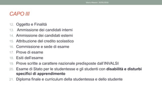 12. Oggetto e Finalità
13. Ammissione dei candidati interni
14. Ammissione dei candidati esterni
15. Attribuzione del credito scolastico
16. Commissione e sede di esame
17. Prove di esame
18. Esiti dell’esame
19. Prove scritte a carattere nazionale predisposte dall’INVALSI
20. Esame di Stato per le studentesse e gli studenti con disabilità e disturbi
specifici di apprendimento
21. Diploma finale e curriculum della studentessa e dello studente
CAPO III
Mario Maestri 29/05/2020
 