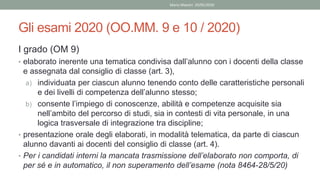 Gli esami 2020 (OO.MM. 9 e 10 / 2020)
I grado (OM 9)
• elaborato inerente una tematica condivisa dall’alunno con i docenti della classe
e assegnata dal consiglio di classe (art. 3),
a) individuata per ciascun alunno tenendo conto delle caratteristiche personali
e dei livelli di competenza dell’alunno stesso;
b) consente l’impiego di conoscenze, abilità e competenze acquisite sia
nell’ambito del percorso di studi, sia in contesti di vita personale, in una
logica trasversale di integrazione tra discipline;
• presentazione orale degli elaborati, in modalità telematica, da parte di ciascun
alunno davanti ai docenti del consiglio di classe (art. 4).
• Per i candidati interni la mancata trasmissione dell’elaborato non comporta, di
per sé e in automatico, il non superamento dell’esame (nota 8464-28/5/20)
Mario Maestri 29/05/2020
 