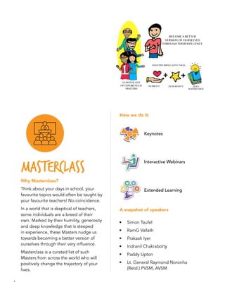 8
MASTERCLASS
Why Masterclass?
Think about your days in school, your
favourite topics would often be taught by
your favourite teachers! No coincidence.
In a world that is skeptical of teachers,
some individuals are a breed of their
own. Marked by their humility, generosity
and deep knowledge that is steeped
in experience, these Masters nudge us
towards becoming a better version of
ourselves through their very influence.
Masterclass is a curated list of such
Masters from across the world who will
positively change the trajectory of your
lives.
How we do it:
Keynotes
Interactive Webinars
Extended Learning
A snapshot of speakers
•	 Simon Taufel
•	 RamG Vallath
•	 Prakash Iyer
•	 Indranil Chakraborty
•	 Paddy Upton
•	 Lt. General Raymond Noronha
(Retd.) PVSM, AVSM
+ +
 