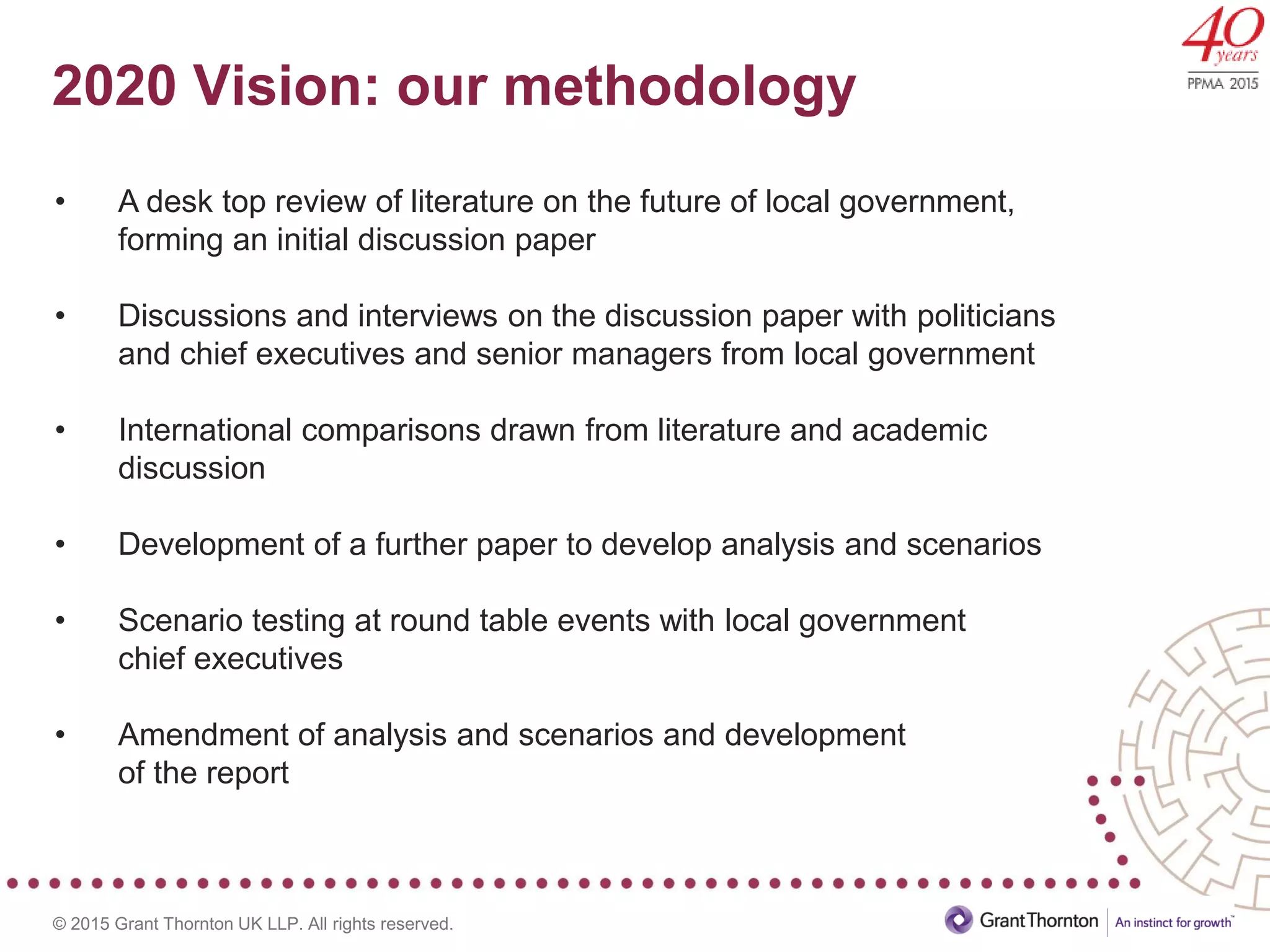 © 2015 Grant Thornton UK LLP. All rights reserved.
2020 Vision: our methodology
• A desk top review of literature on the future of local government,
forming an initial discussion paper
• Discussions and interviews on the discussion paper with politicians
and chief executives and senior managers from local government
• International comparisons drawn from literature and academic
discussion
• Development of a further paper to develop analysis and scenarios
• Scenario testing at round table events with local government
chief executives
• Amendment of analysis and scenarios and development
of the report
 