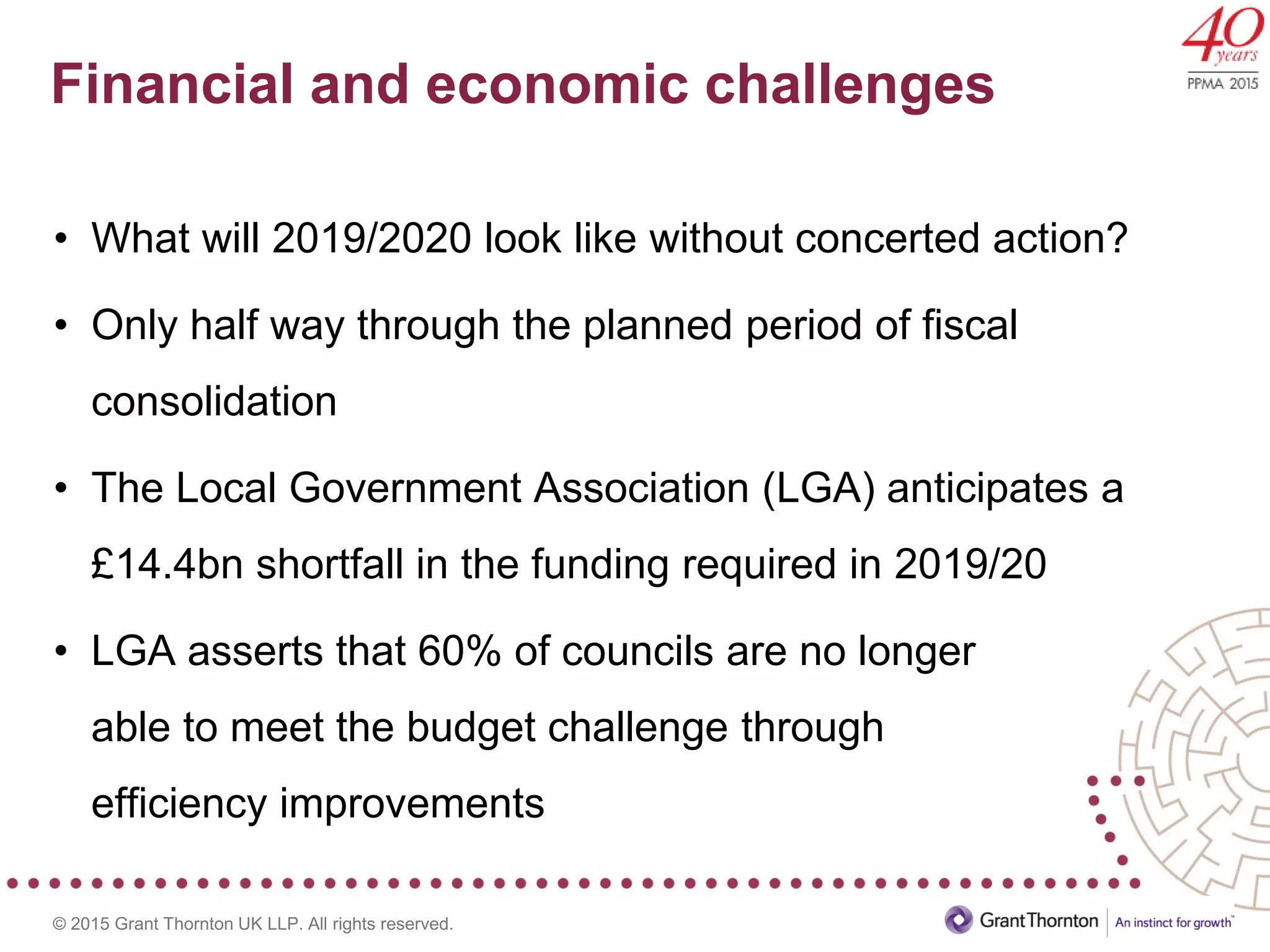 © 2015 Grant Thornton UK LLP. All rights reserved.
Financial and economic challenges
Challenge
• What will 2019/2020 look like without concerted action?
• Only half way through the planned period of fiscal
consolidation
• The Local Government Association (LGA) anticipates a
£14.4bn shortfall in the funding required in 2019/20
• LGA asserts that 60% of councils are no longer
able to meet the budget challenge through
efficiency improvements
 