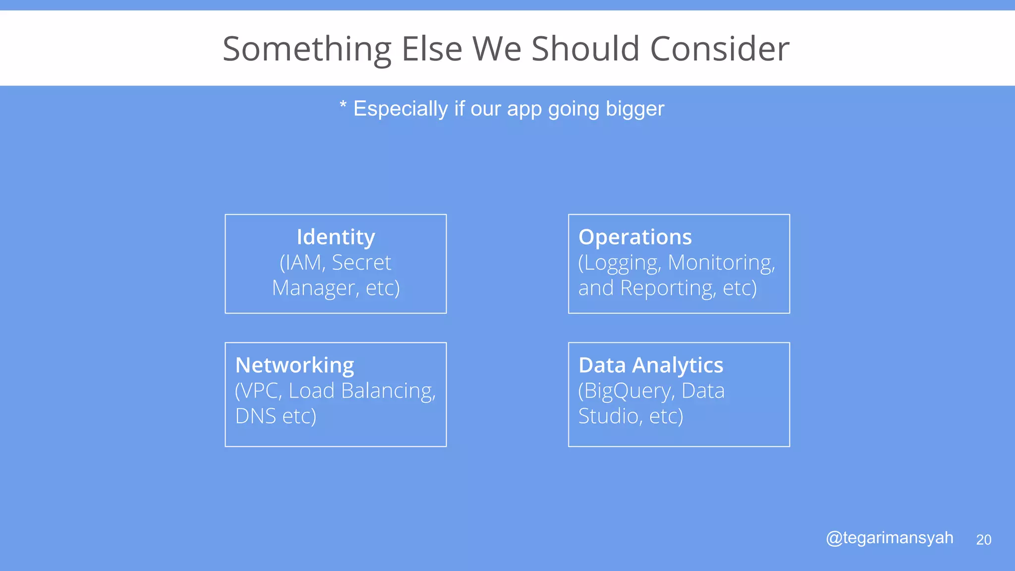 @tegarimansyah
Something Else We Should Consider
20
Operations
(Logging, Monitoring,
and Reporting, etc)
* Especially if our app going bigger
Networking
(VPC, Load Balancing,
DNS etc)
Data Analytics
(BigQuery, Data
Studio, etc)
Identity
(IAM, Secret
Manager, etc)
 
