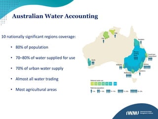 10 nationally significant regions coverage:
• 80% of population
• 70–80% of water supplied for use
• 70% of urban water supply
• Almost all water trading
• Most agricultural areas
Australian Water Accounting
 