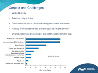 Context and Challenges
• Water Scarcity
• Food security policies
• Continuous depletion of surface and groundwater resources
• Rapidly increasing demand of water (due to several drivers)
• Overall accelerated widening of the water supply-demand gap
Water Scarcity
 