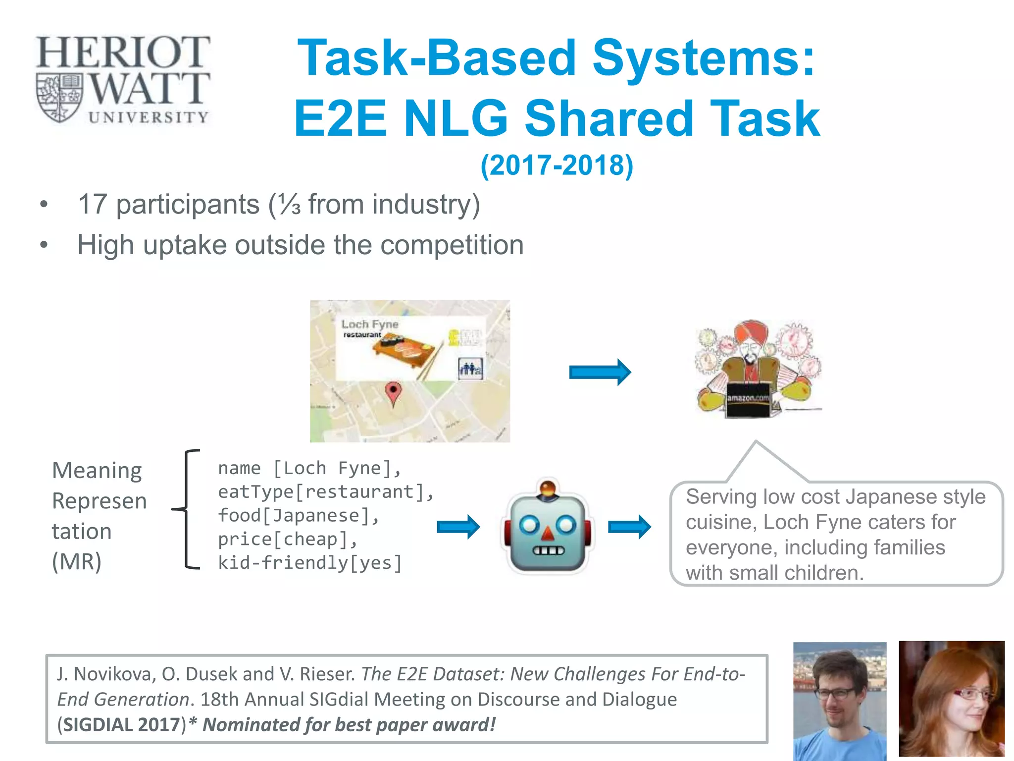 Task-Based Systems:
E2E NLG Shared Task
(2017-2018)
J. Novikova, O. Dusek and V. Rieser. The E2E Dataset: New Challenges For End-to-
End Generation. 18th Annual SIGdial Meeting on Discourse and Dialogue
(SIGDIAL 2017)* Nominated for best paper award!
• 17 participants (⅓ from industry)
• High uptake outside the competition
name [Loch Fyne],
eatType[restaurant],
food[Japanese],
price[cheap],
kid-friendly[yes]
Serving low cost Japanese style
cuisine, Loch Fyne caters for
everyone, including families
with small children.
Meaning
Represen
tation
(MR)
 
