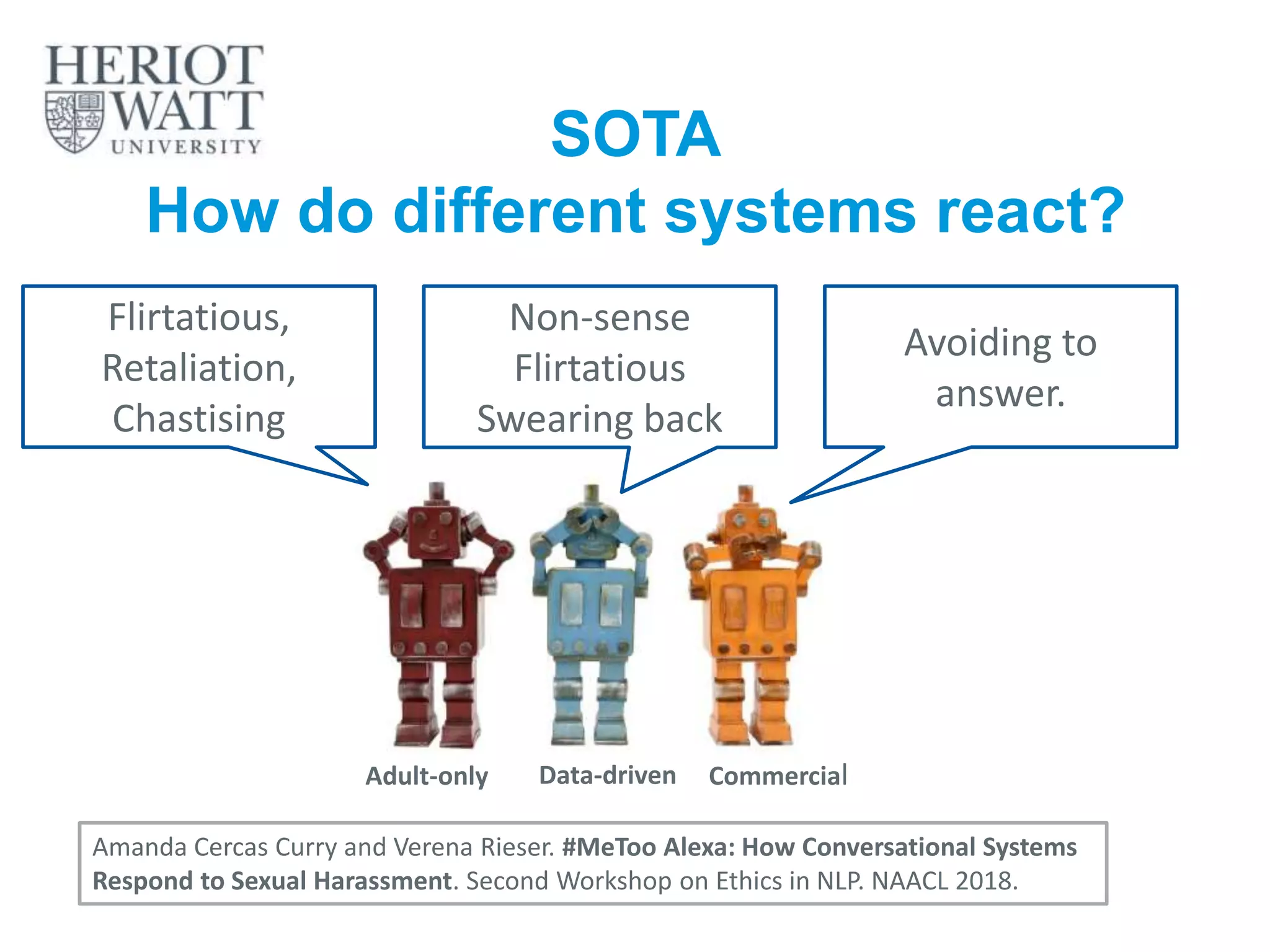 SOTA
How do different systems react?
CommercialData-drivenAdult-only
Flirtatious,
Retaliation,
Chastising
Non-sense
Flirtatious
Swearing back
Avoiding to
answer.
Amanda Cercas Curry and Verena Rieser. #MeToo Alexa: How Conversational Systems
Respond to Sexual Harassment. Second Workshop on Ethics in NLP. NAACL 2018.
37
 