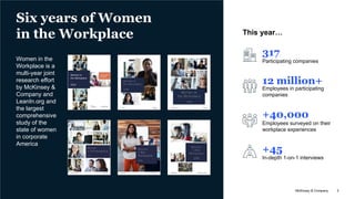 McKinsey & Company 2
Six years of Women
in the Workplace
Women in the
Workplace is a
multi-year joint
research effort
by McKinsey &
Company and
LeanIn.org and
the largest
comprehensive
study of the
state of women
in corporate
America
This year…
Participating companies
317
Employees in participating
companies
12 million+
Employees surveyed on their
workplace experiences
+40,000
In-depth 1-on-1 interviews
+45
 